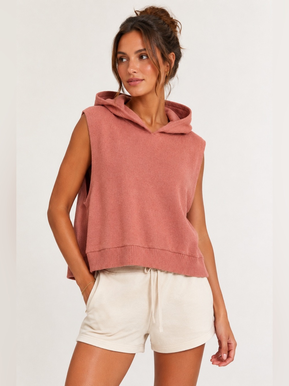 Zara Sleeveless Knit Hoodie Vest Sweater Blush Pink Size Large